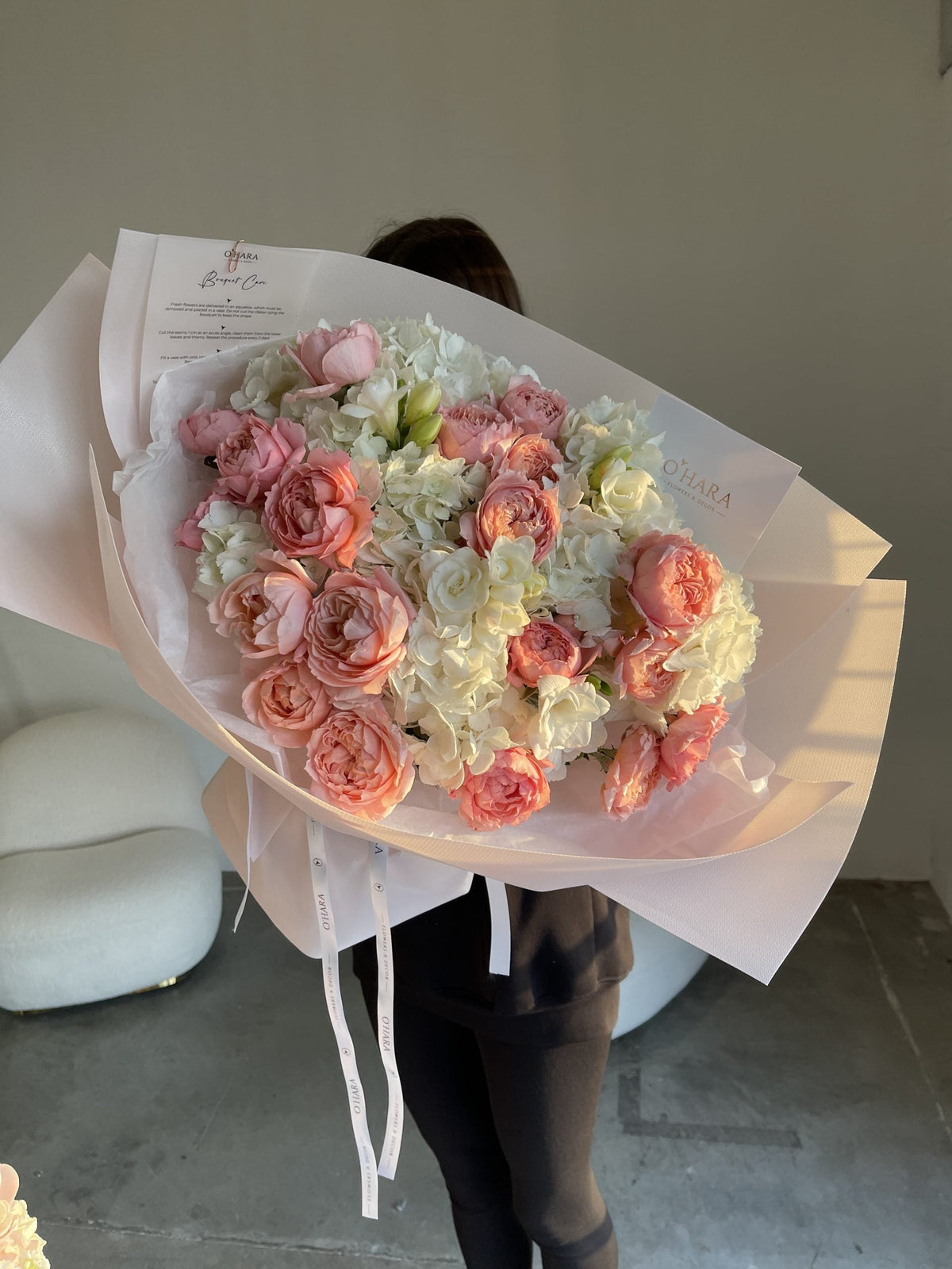 Peach Roses and Hydrangeas bouquet by O'Hara Florist, same-day flower delivery in Los Angeles