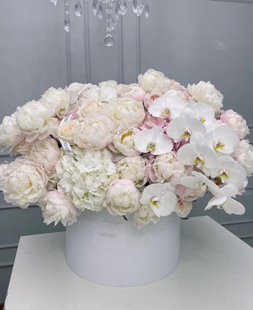 White peonies, hydrangeas and orchids in an O'Hara Florist flower box
