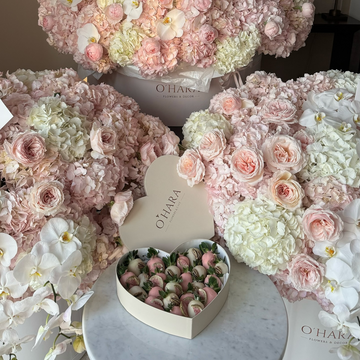 Hydrangea arrangements and chocolate strawberries at the O'Hara Florist studio